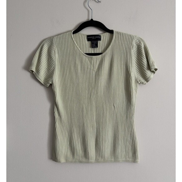Vintage 2000s Y2K Ribbed Knit Top August Silk Womens Medium Short Sleeve Green - Picture 1 of 5